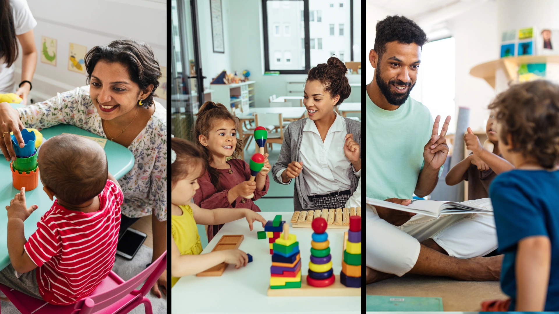 banner with three images of adults interacting with children